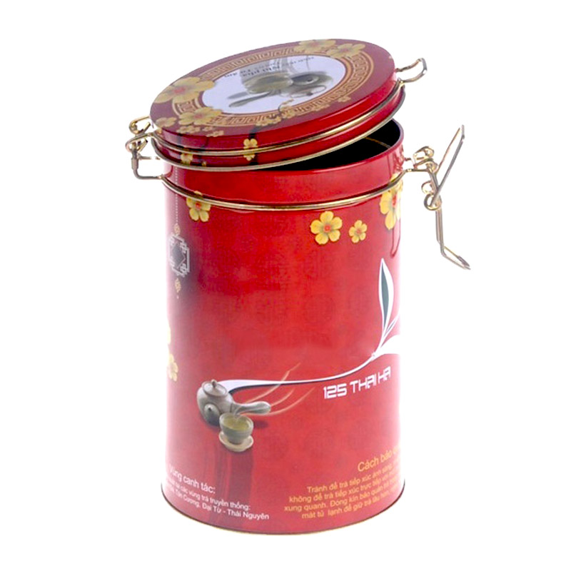 Récipient de boîte de conserve en métal de café de thé de couvercle à charnière hermétique rond imprimé par coutume avec la serrure de loquet